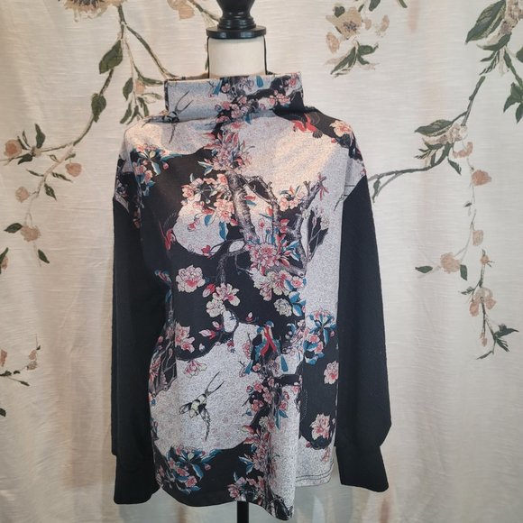 Smash! Asian Bird Floral Print Jersey Balloon Sleeve Sweatshirt Sweater - Picture 1 of 9